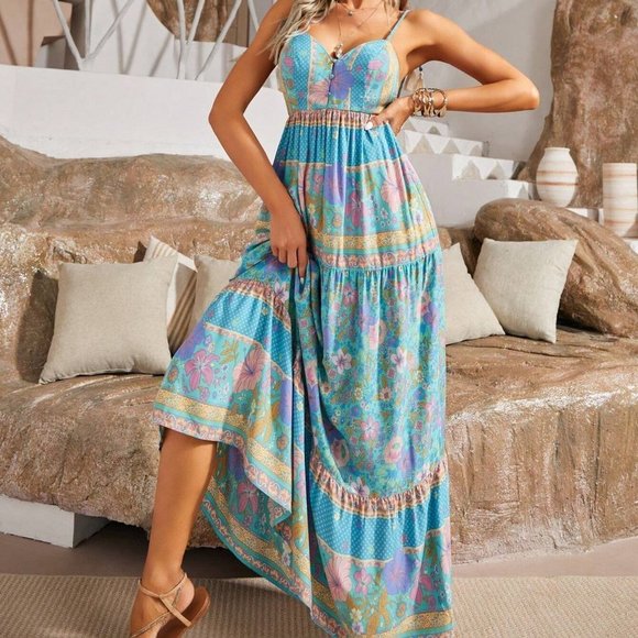 Blue Boho Womens Floral Print Ruffle Hem Cami Dress - Picture 5 of 5